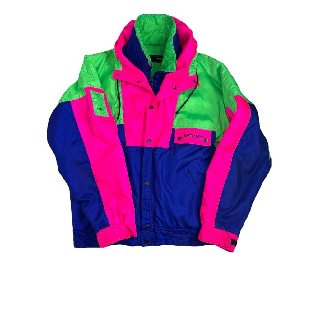 Vtg 80s Neon NEVICA Survival Shell Whistle Hood Coat Ski Jacket Retro Size 40